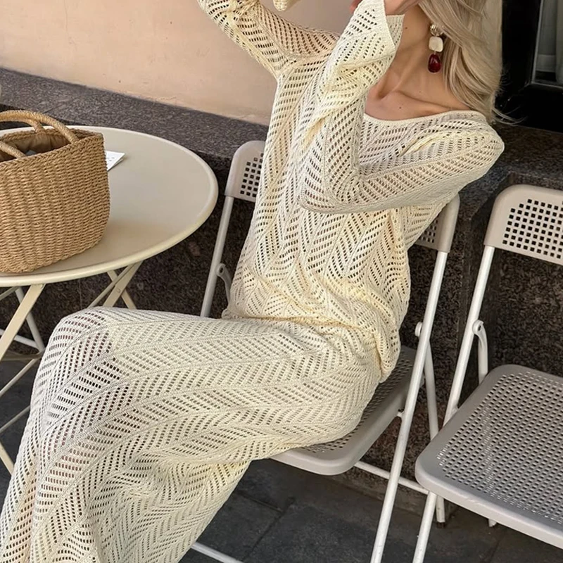 

Crochet Hollow Skirt Outfits Women Casual Long Sleeve Knitt Long Skirt Suit Fashion O-neck Pullover & Long Skirt 2Pc Set