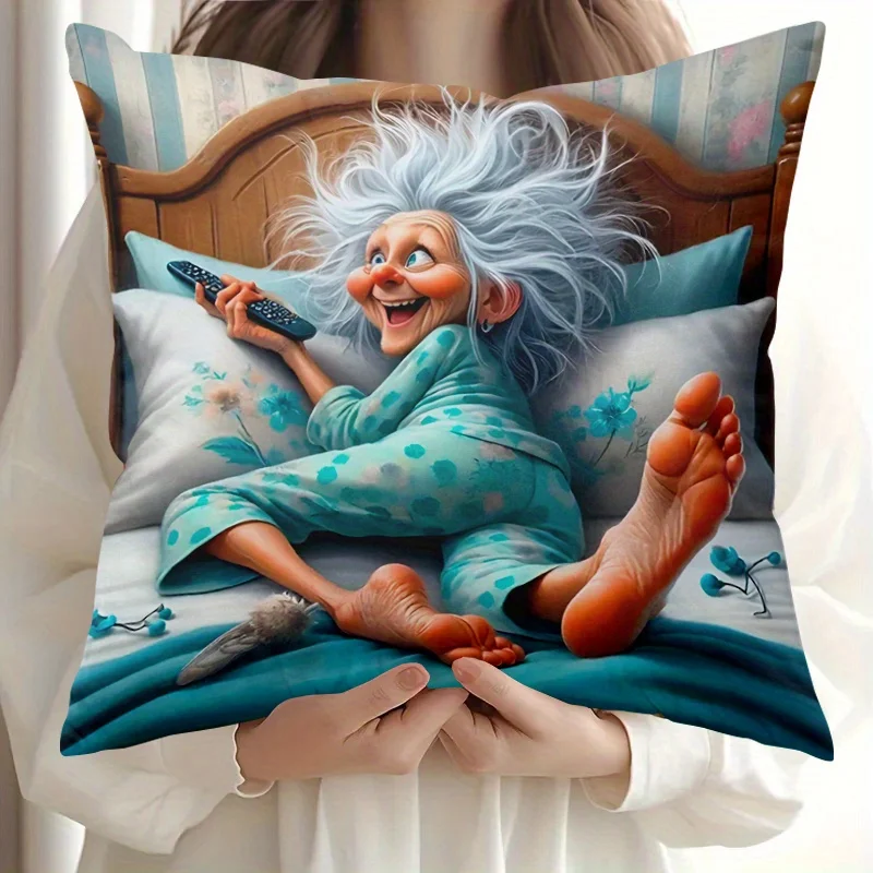 1pc Funny Lazy Grandma Print Throw Pillow Cover,Suitable for Sofa,Bedroom,Living Room,A Humorous Gift for Best Friends
