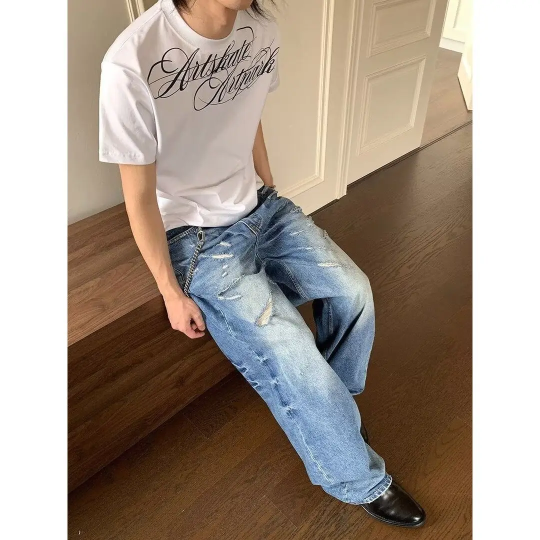 Men's Grasp The Grain Distressed Jeans Casual Pants Summer Boy Bottom Streetwear Wide-leg Trousers Male High Waist Sweatpants