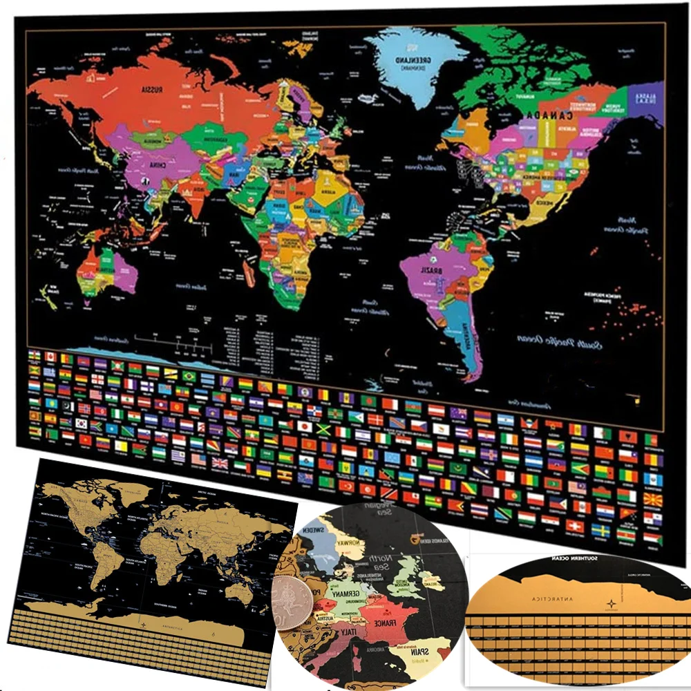 1 PCS Deluxe Global Scratch Off Maps With National Flags - Traveler's Journal Wall Poster Travel Scratch Maps for Room & Office