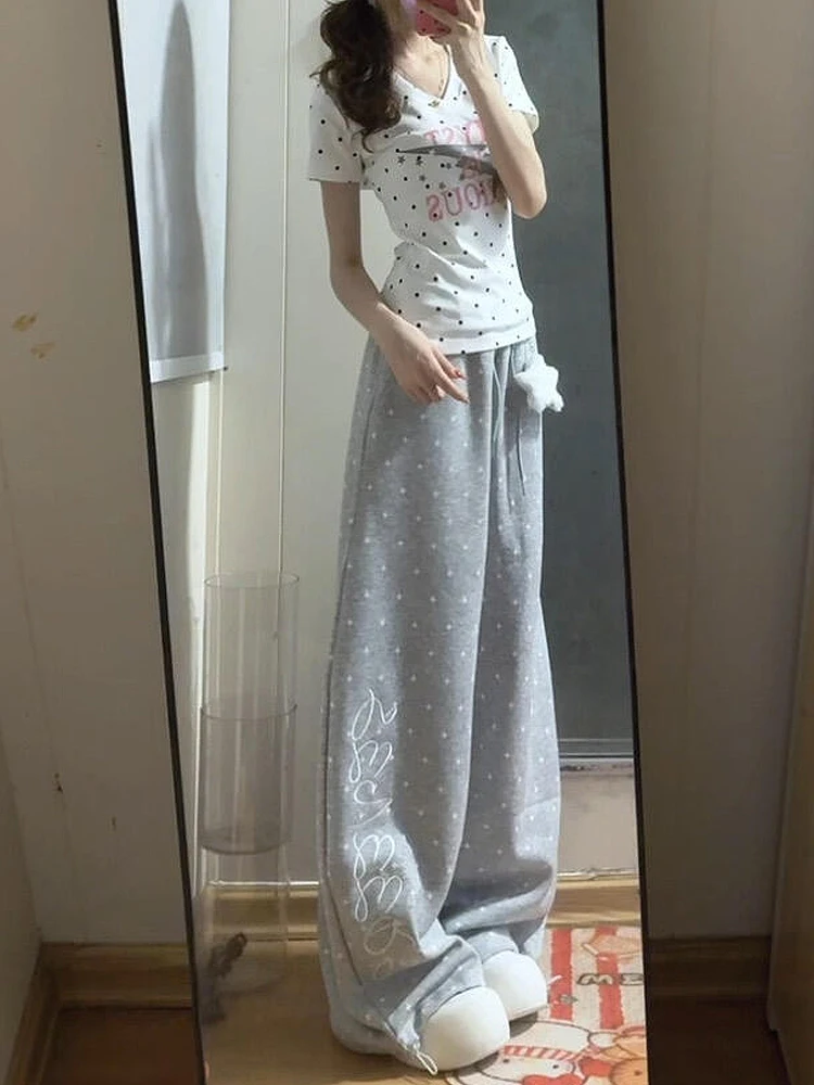 

American Retro Letter Star Print Casual Pants Women Summer New Loose Slimming Drawstring Wide Leg Long Trousers High Waist El...