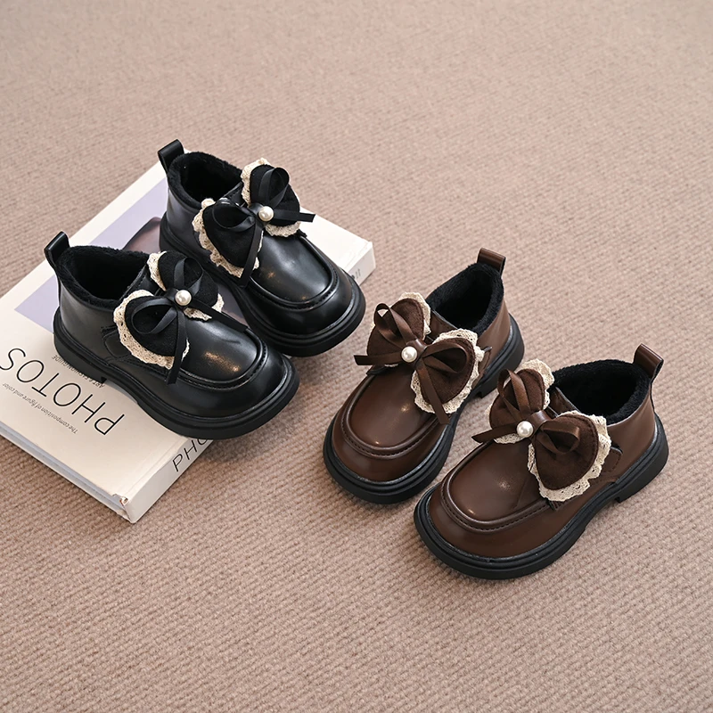 أحذية جلدية صغيرة للفتيات 2025 طراز جديد بفيونكة على الطراز البريطاني من الصوف أحذية الأميرة الدافئة والمتعددة الاستخدامات والمريحة #2