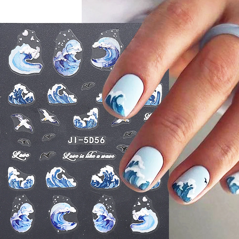 5D Embossed Sea Wave Nail Stickers Blue Gulls Slider Bronzing Golden Abstract Marble Nail Art Decals Manicure Decors GLJI-5D56