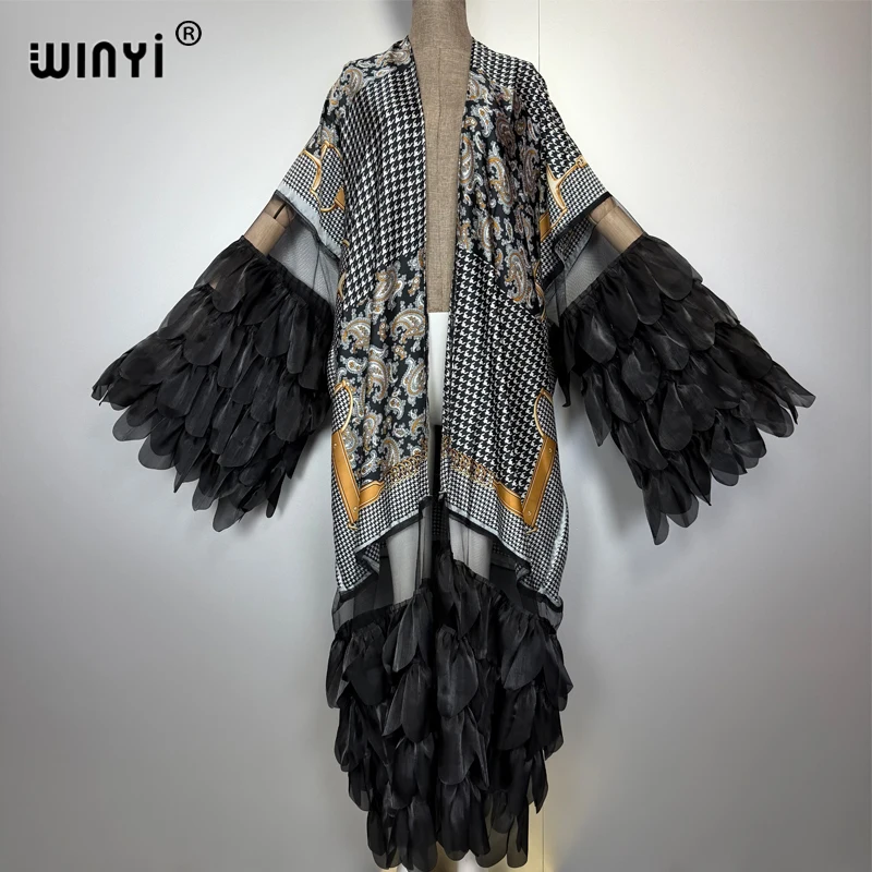 WINYI Catwalk sexy Kimono Women Print coat Long Sleeve Cardigan abaya dubai luxury beachwear Cover Up boho dress holiday Caftan