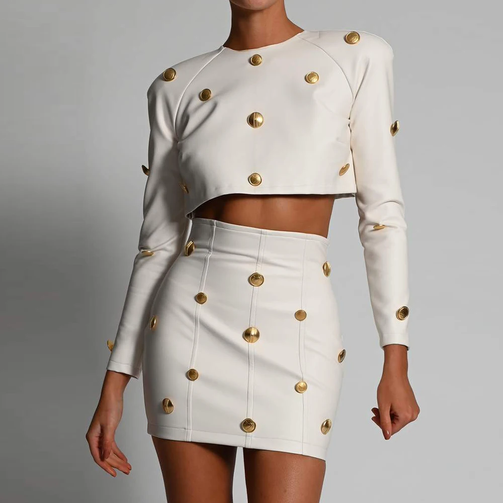 

2023 New Sexy Club Leather Long Sleeve Crop Top and Skirt with Gold Button Winter Fashion Elegant Outfits Fall Women Skirt Suits