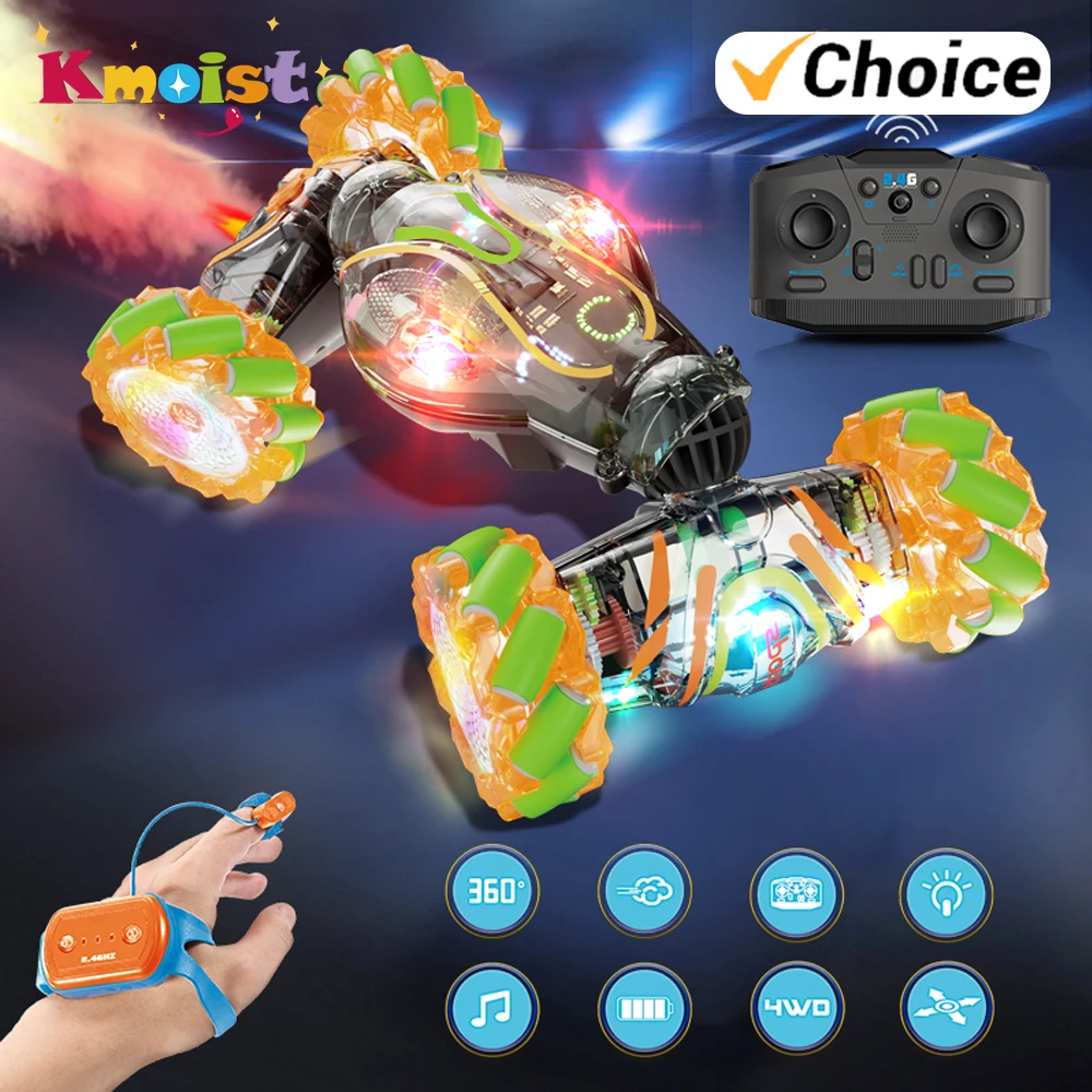 스프레이 라이트와 음악이 있는 원격 조종 자동차 2.4G RC 듀얼 컨트롤 제스처 센서 스턴트 어린이 장난감 소년 선물