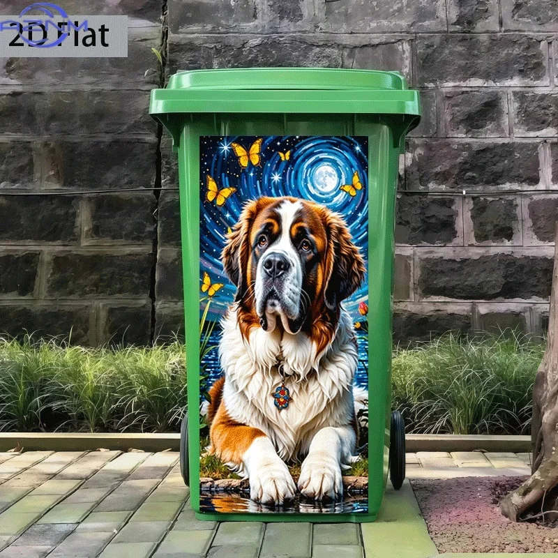 of Trash Can Sticker Measuring Featuring a Design of a Moonlit Holy Dog Gazing, Suitable for Wall Decoration, Self-Adhesive Wa