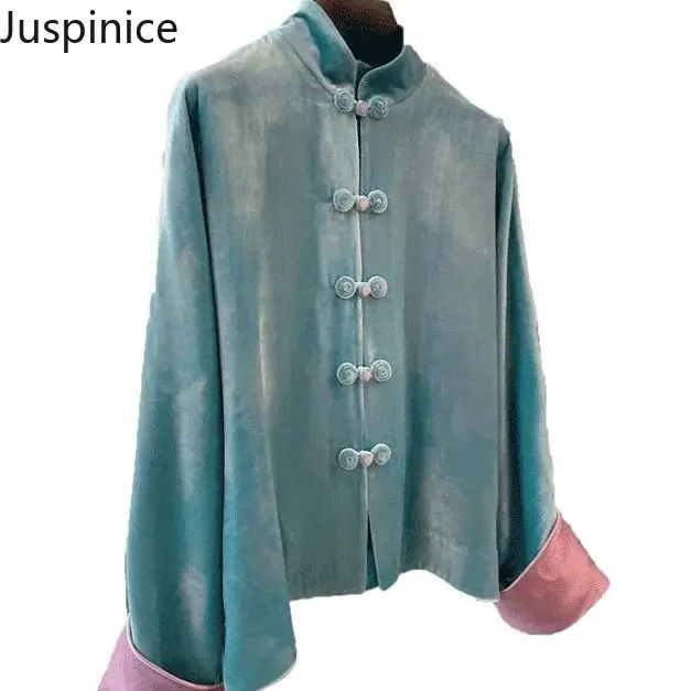Herbst Winter neue chinesische Stil Gold Samt Button-up-Shirt Paar Stehkragen High Street lose lässige einfache Top-Jacken