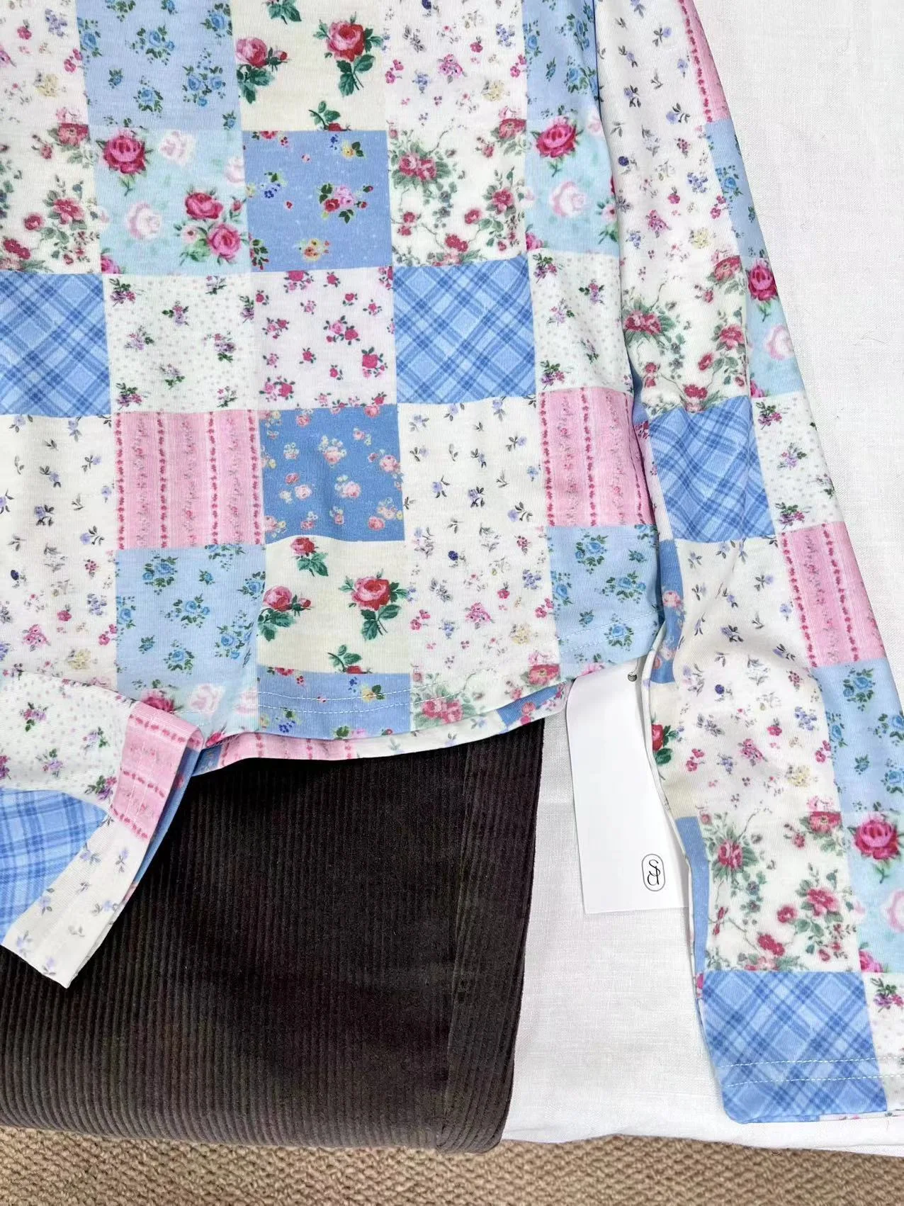 Retro Patchwork Bloemen Lang Sve rond Ne T-shirt Dames Pendelen Sle Gladde Katoenen Innerlijke Slijtage Top Lente Herfst