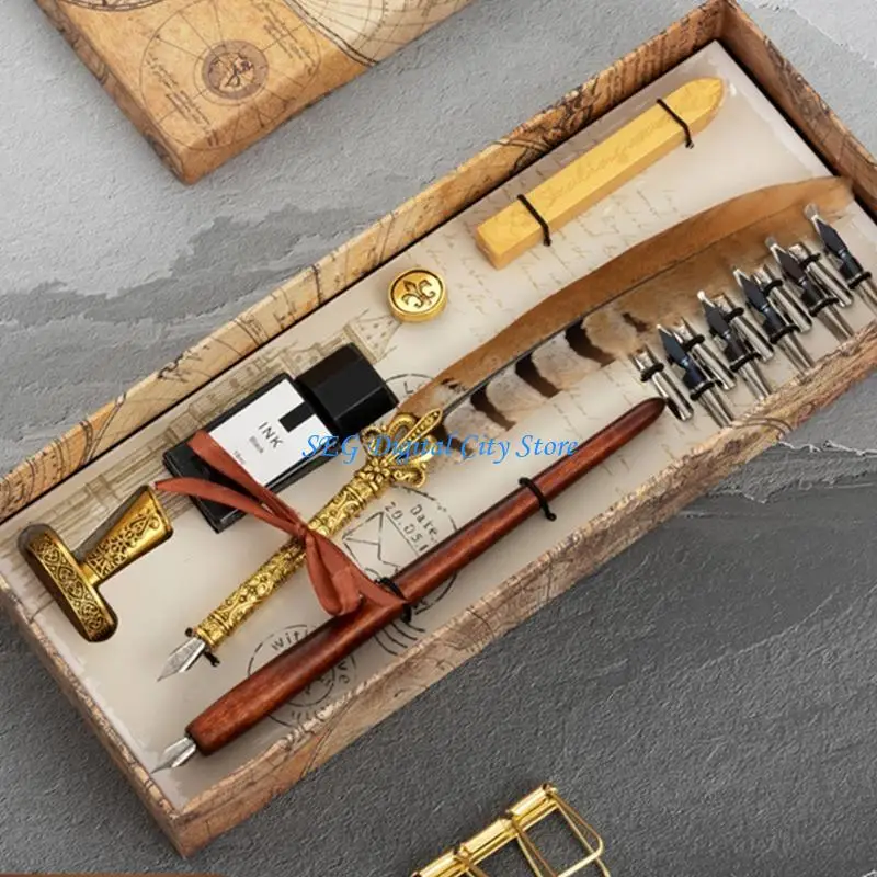 U75B Retro Dip Pen Dip Pen Set Quill Dip Pen Set Wax Seal for Gothic Art Words Business Gift