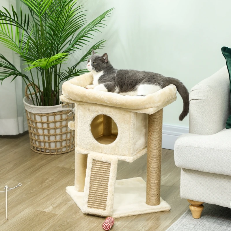 Arbre à chat avec tapis à gratter en jute, plateforme de repos, balle de jeu, maison pour chat, beige, 40 x 40 x 57 cm, peluche douce, structure en bois, pour chats jusqu'à 5 kg