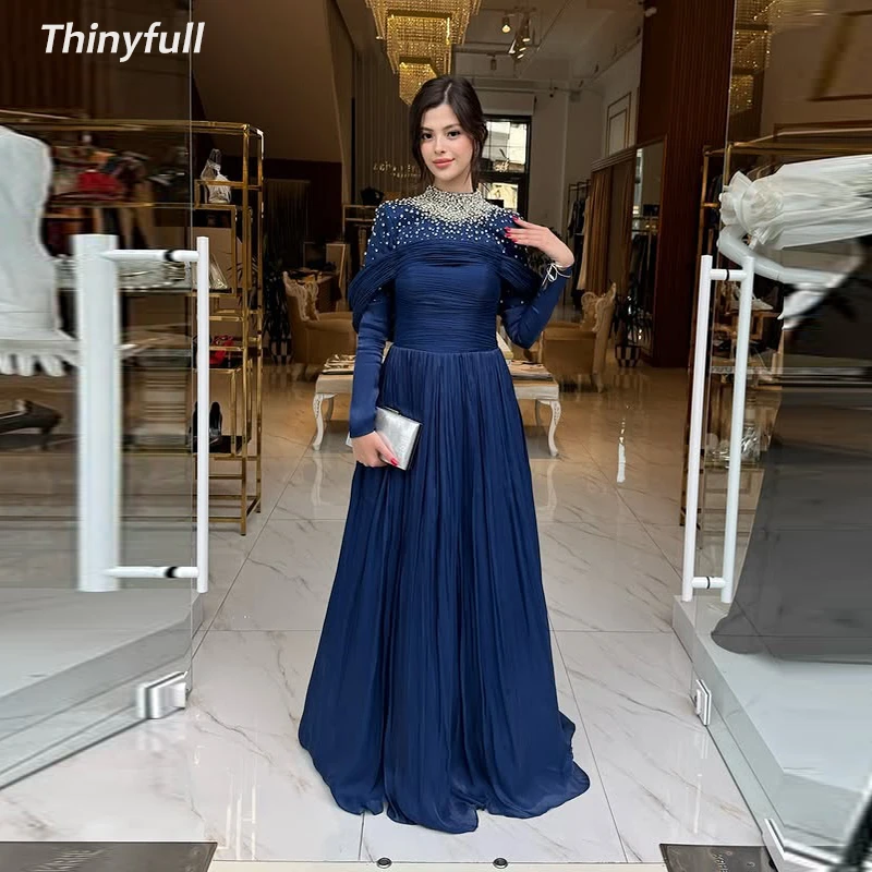 

Thinyfull A-line Arab Prom Dresses High Neck Full Sleeves Crystal Evening Party Gown 2025 Long Dress robes de soirée Customized