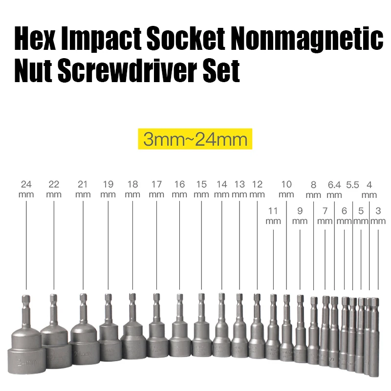 1PCS 3MM-24MM Hex Impact Socket Nonmagnetic Nut Screwdriver Set 1/4 6.35MM Wrench 65MM Long Adapter Electric Drill Socket Kit