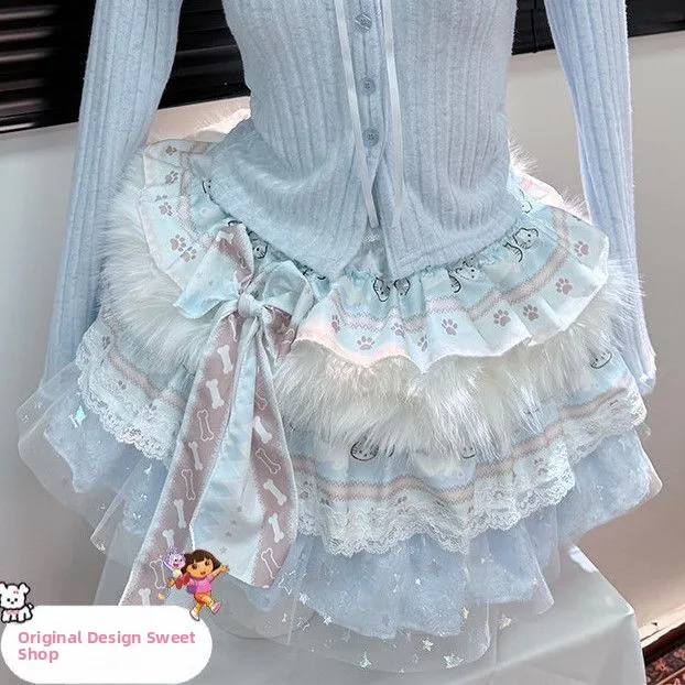 오리지널 핸드메이드 바다 소금 니트 롱 스웨터 레이스 디자인 Y2K 플러피 케이크 스커트 혼합 소재 여성 탑