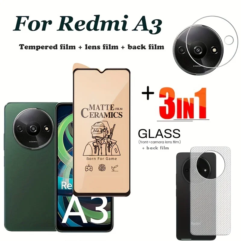 

3-In-1 Matte Screen Protector for Redmi A3 Polycarbonate Tempered Glass Film with Camera Lens Protector and Back Cover Protector