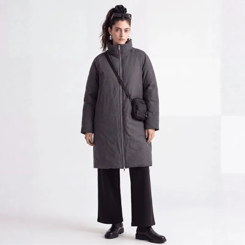 Minimalist Non-quilted Goose Down Women Winter Mid-length Shoulder Sleeve High Stand-up Collar Thick White Goose Down Warm Coat