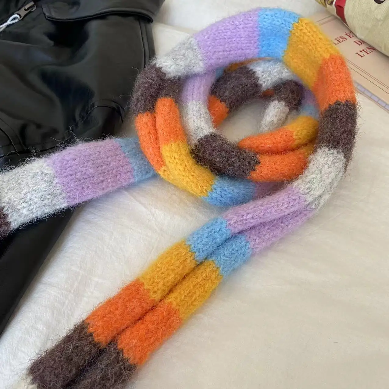 2024 Knitted Wool With Warm Color Splicing Contrast Striped Sausage Thin Scarf