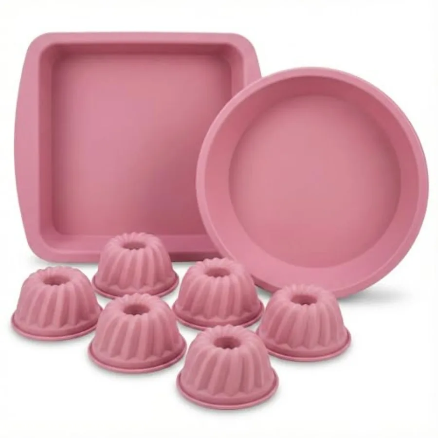 

Platinum Silicone Baking Molds Set 8pc - 100% Fumed Silica Non-Stick - Square Pan Round Dish and 6 Mini Bundts - BPA Free Pinch