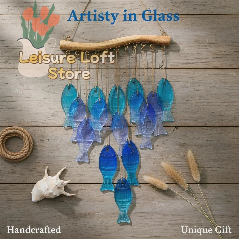 Carillons à vent artisanaux en verre bleu en forme de poisson, décoratifs pour l'extérieur, à suspendre pour jardin, patio, cour