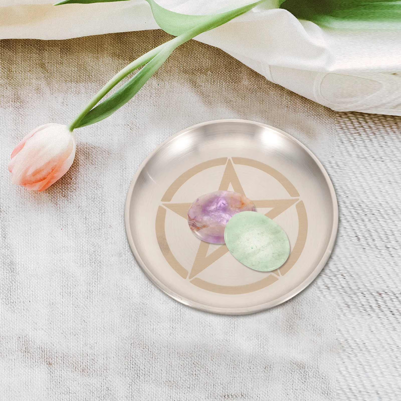 

Delicate Pentagram Altar Plate Round Metal Holder Tray Decorative Storage Tea Light Candles Ritual Home Temple Decoration