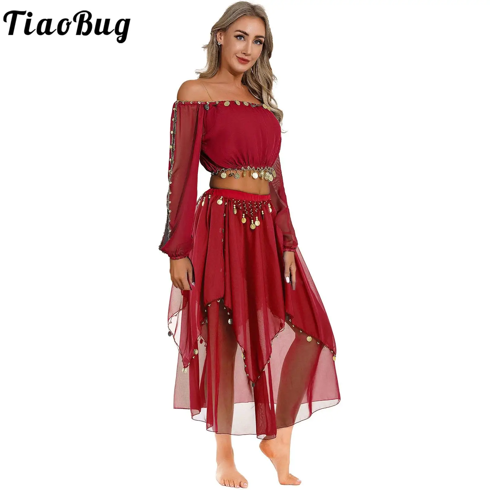 Womens Shiny Belly Dance Outfit Off Shoulder Long Sleeve Crop Top and Sequin Trims Chiffon Skirt Suit for Dancing Party Stage