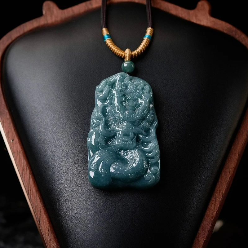 

Natural Blue Water Jade Hand Made Carving Zodiac Dragon Necklace Pendant Fashion Personalized Amulet Gift Men and Women Couples