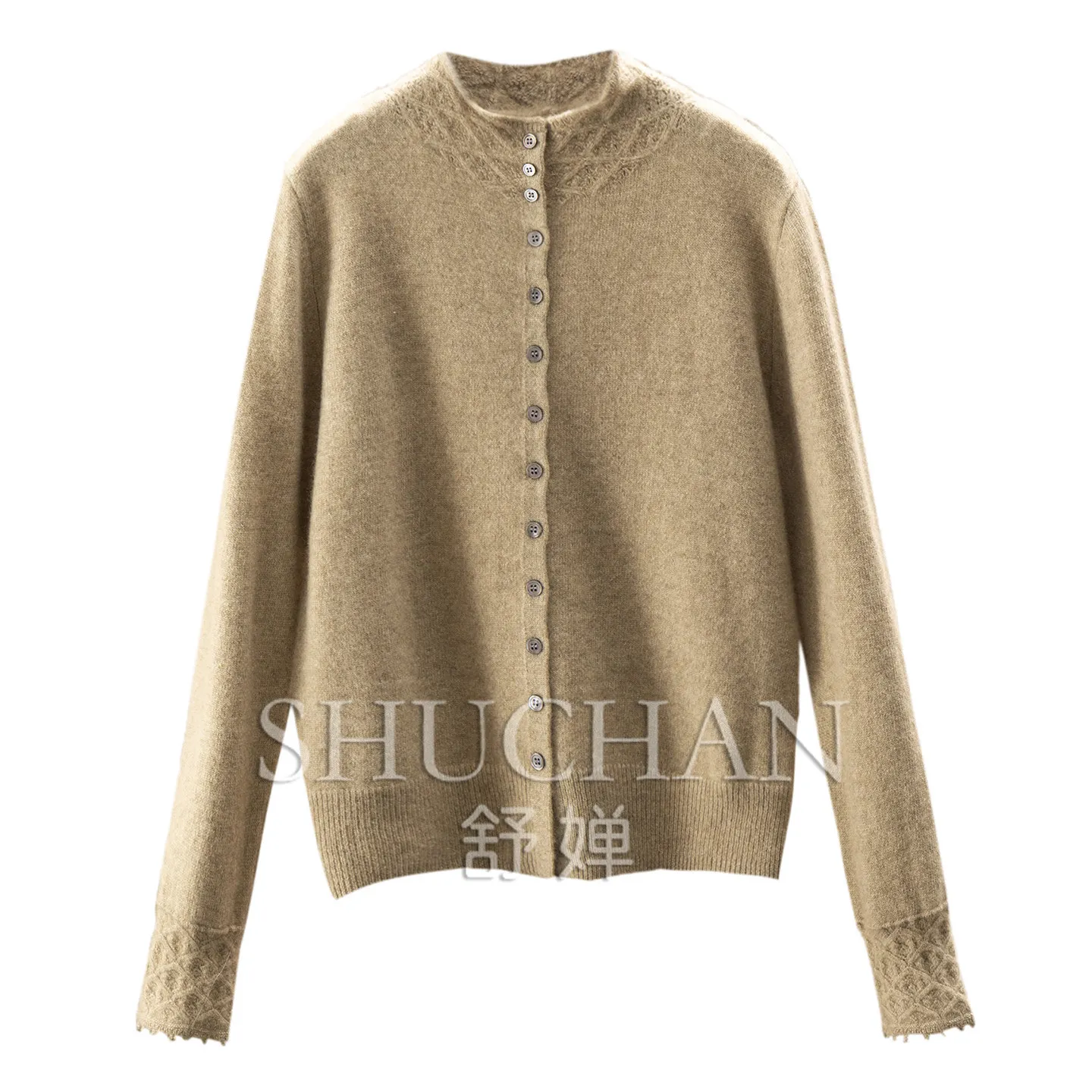 Quiet Luxury and Gentle, Exquisite Hollow Crochet 100% Cashmere Long-sleeved Semi-turtleneck Sweater Cardigan Women's 83W6