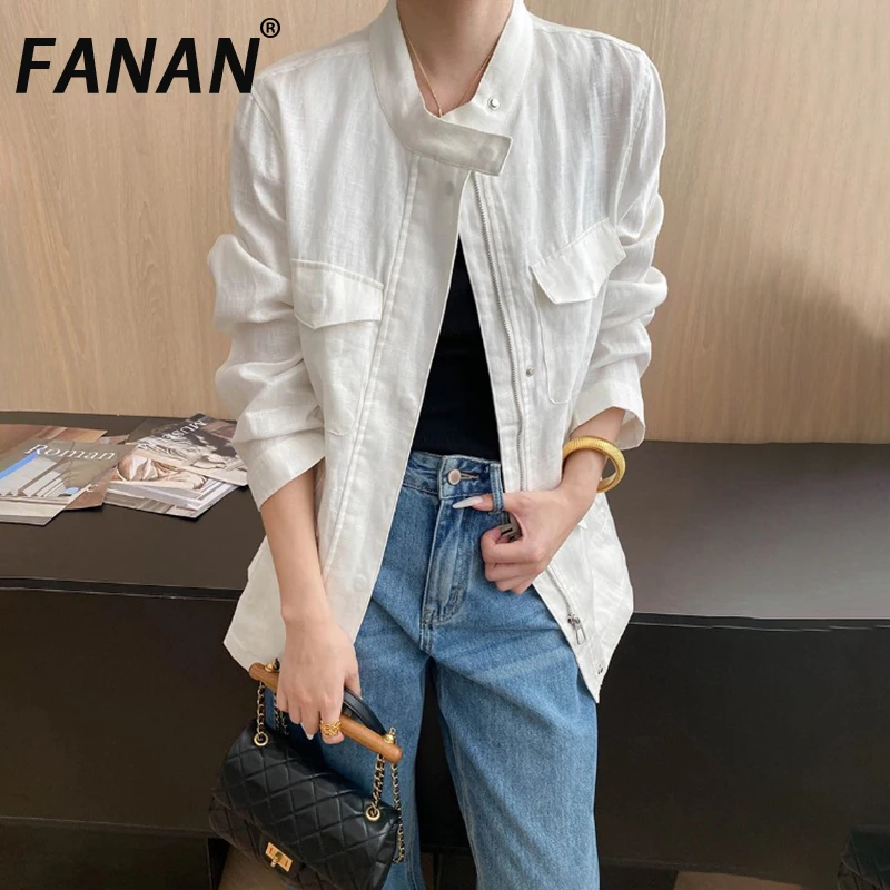 

FANAN темпераментный льняной плащ для женщин, кардиган на молнии с воротником-стойкой, облегающие куртки, офисная женская ветровка, женская осень 202, новинка