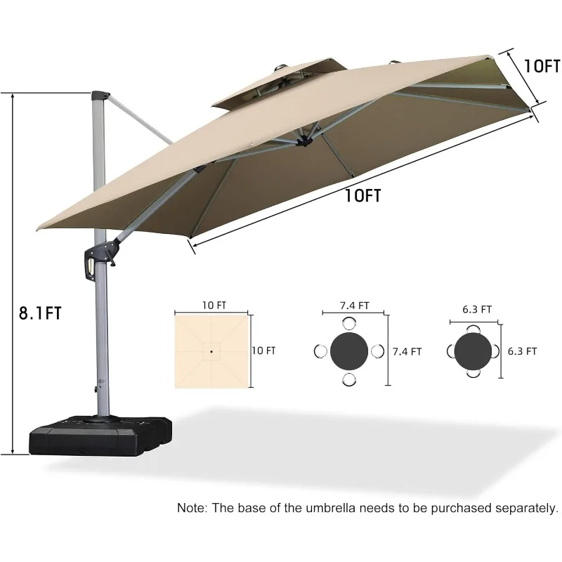 Grand parapluie d'extérieur carré en porte-à-faux, coupe-vent, compensé et résistant au soleil pour jardin, terrasse, piscine, 10 pieds.