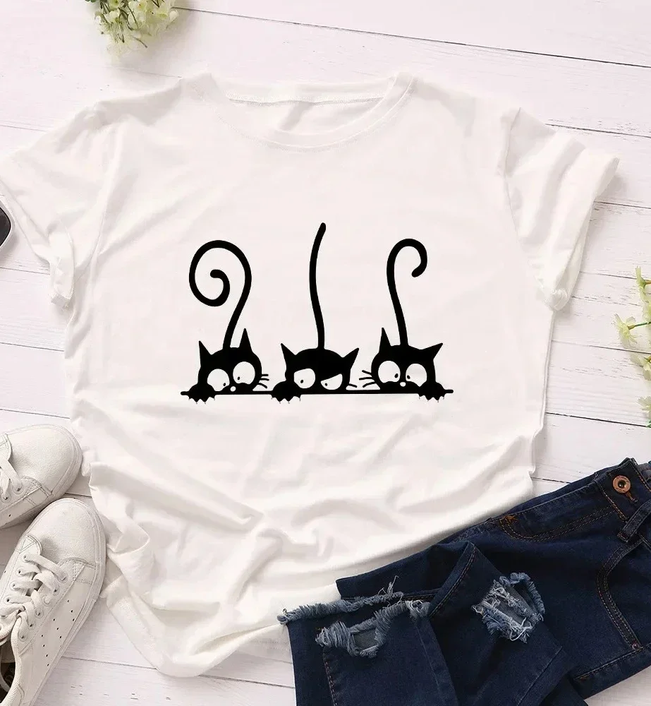 

Woman Summer Graphic Vintage Women Clothing Women Cat Print Female Sleeve Summer Short Sleeved Harajuku Streetwear Tops Tees