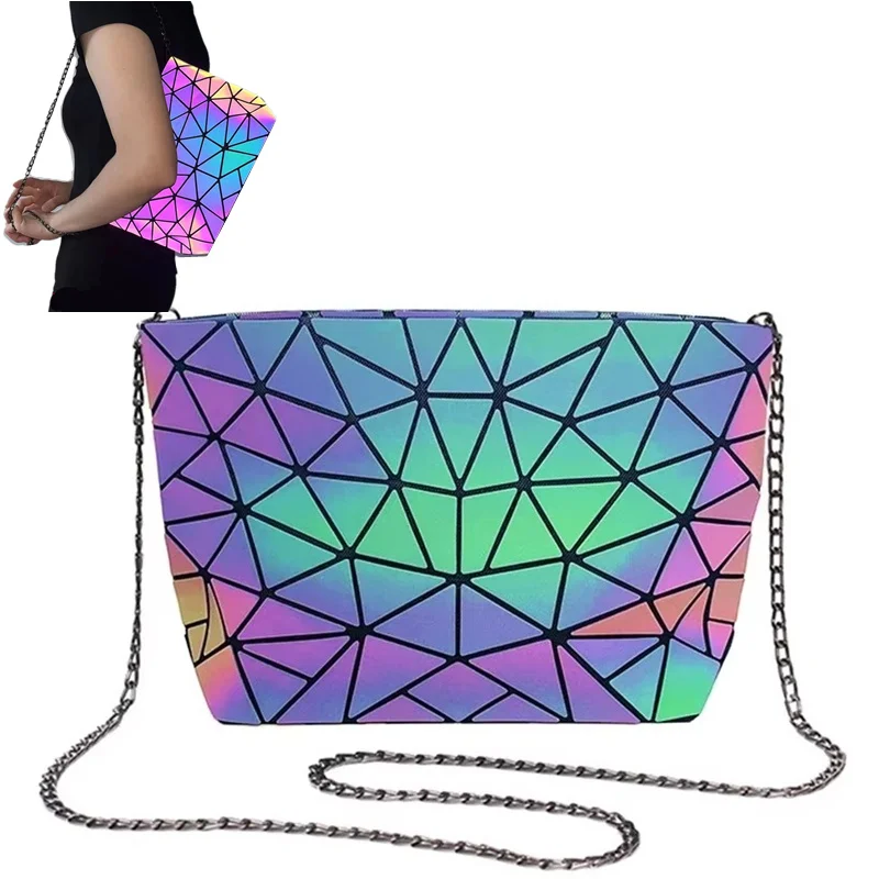 Fashion reflective Chain crossbody bags for women folding geometric holographic purses luminous sling shoulder bag