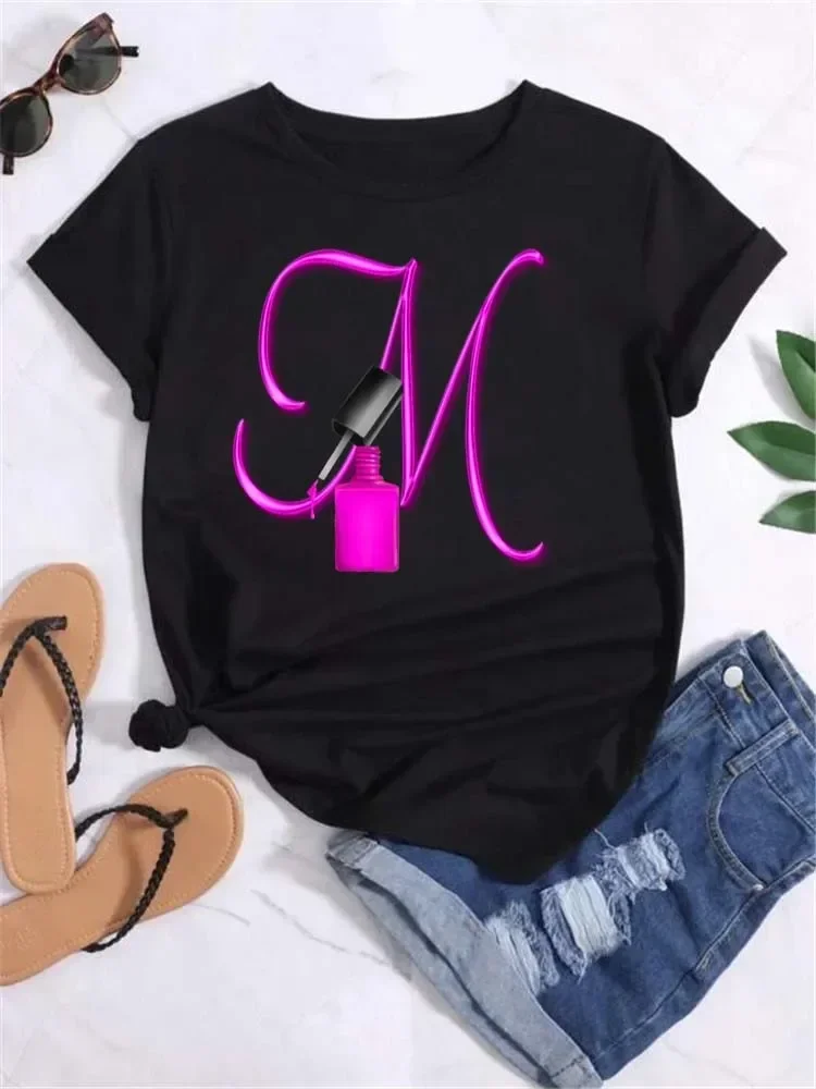 2024 Custom Name Letter Combination Fashion Women T-shirt Nail Polish Letter Font A B C D E F G Short Sleeve Tops Female Tees