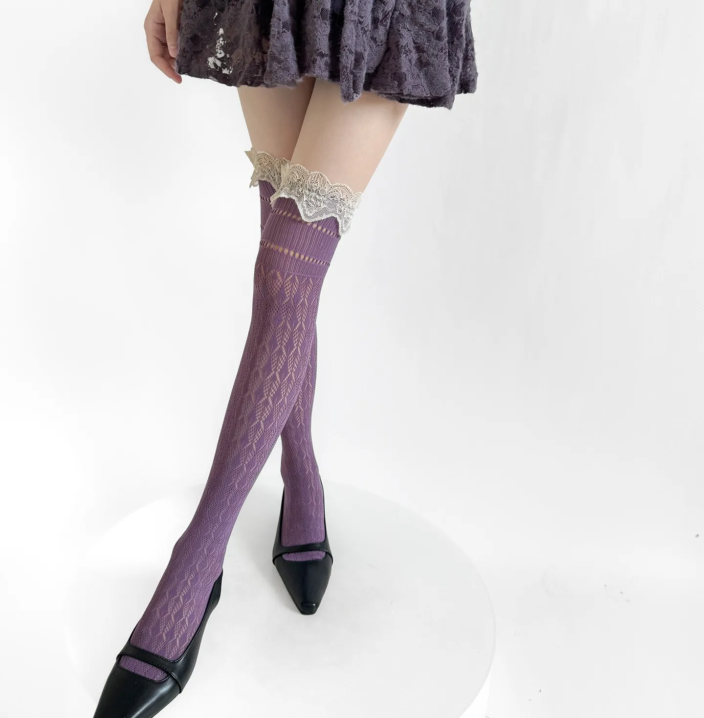 홀로우 로듐 그리드 양말, 니하이 양말, 신축성 있는 스택 양말, 가을 패션에 편안한 JK 유니폼 로리타 양말