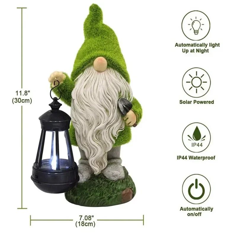 Art Craft for Home Garden Flocked Garden Gnome Decorations with Solar Lights Resin Cartoon Gnome with Lantern Ornament Lamps