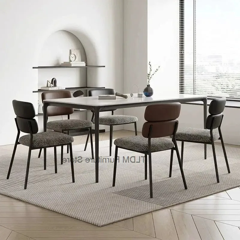 Minimal Back Dining Chair, Mixed Textured Fabric Round Cushioned Seat Modern Padded Armless Leisure Side Stool for Kitchen