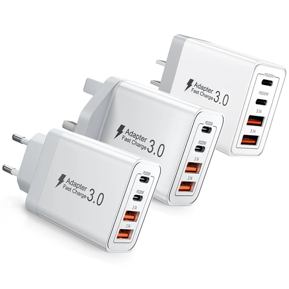 Chargeur mural multi-ports USB-C/USB-A pour téléphone portable EU/UK/US/AU, adaptateur de charge rapide double PD 40W pour iPhone, Xiaomi