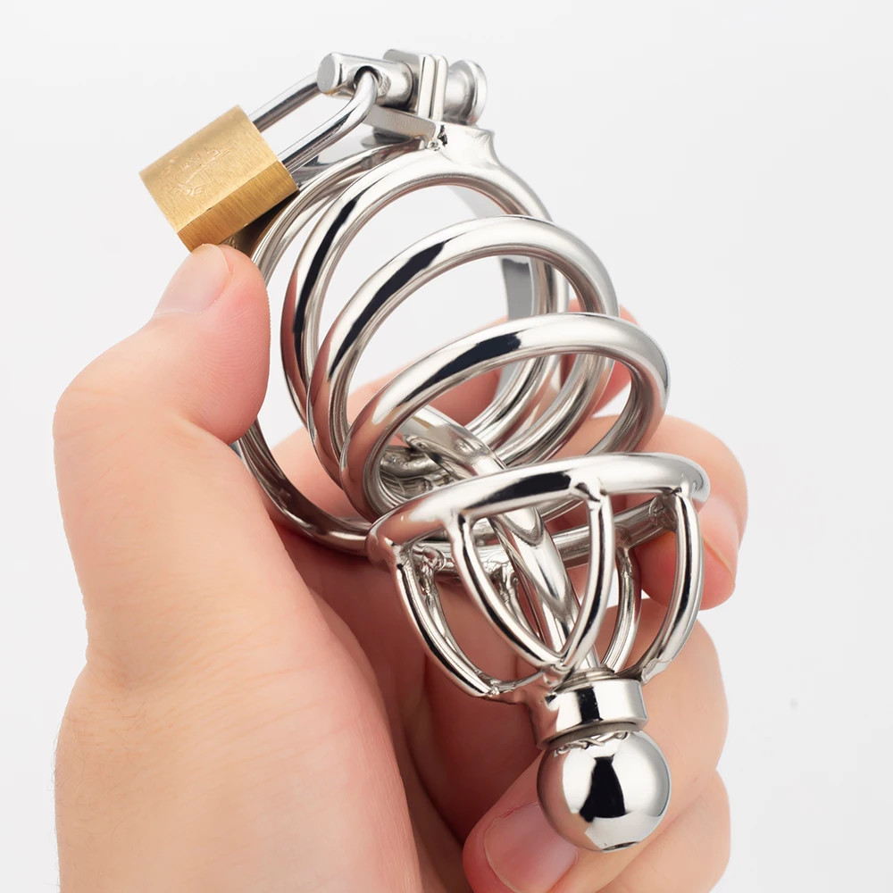 Male Stainless Steel Chastity‬⁩ Cage Lock With Metal Urethra Catheter Cock Cage Cock Ring Penis Ring BDSM Adult Sex Toys For Men