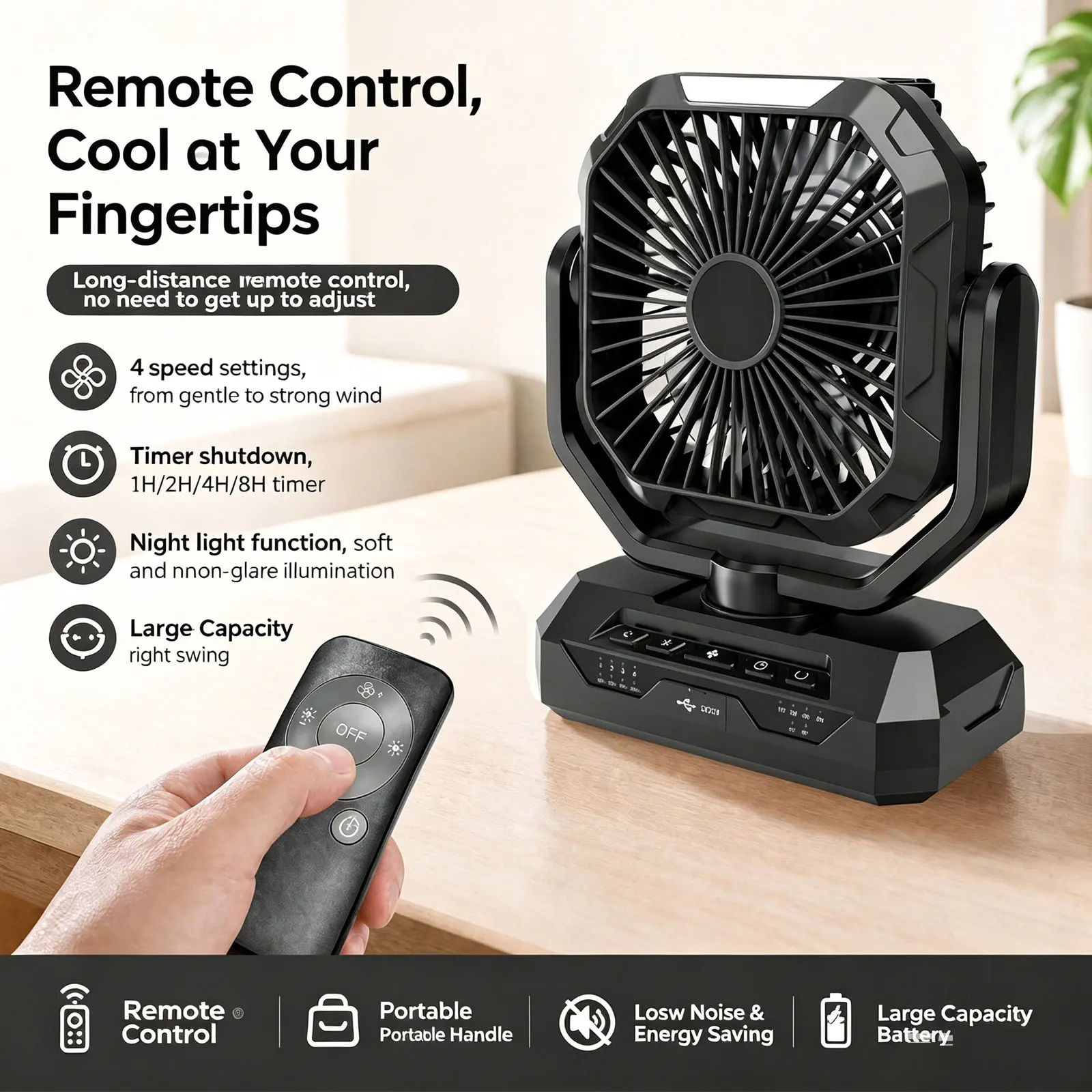 New Camping Fan 20000mAh Battery Powered 4 Speeds Wind Fan Rechargeable with LED Light Hanging Hook Portable Outdoor Tent Fan