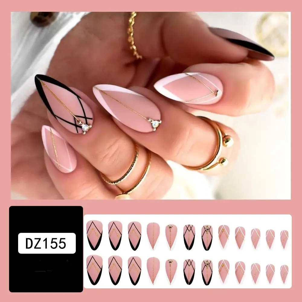 24pcs Detachable Press On Nails Black White Lines Diy French Long Almond Butterfly False Nails