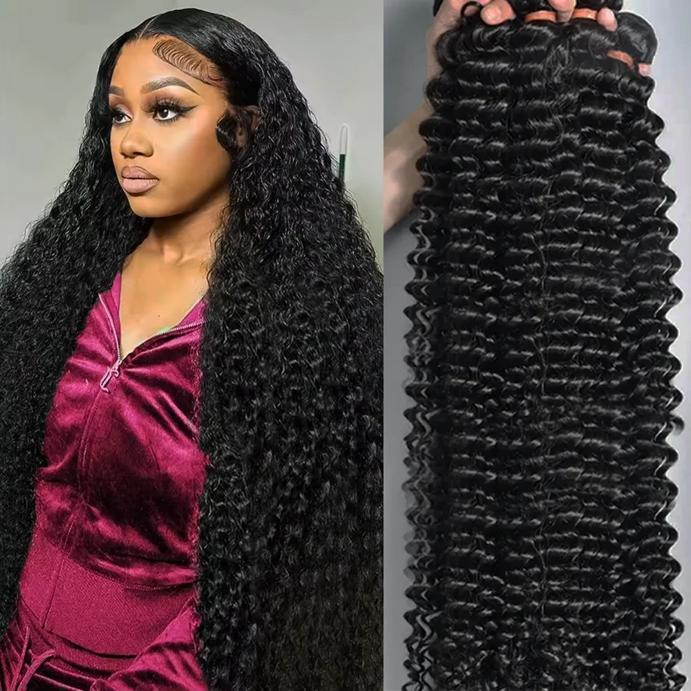 

30, 32, 36, 40 дюймов, пучки человеческих волос с глубокими волнами, натуральные черные бразильские 100% необработанные пучки вьющихся волос Remy, 1/3/4 шт.