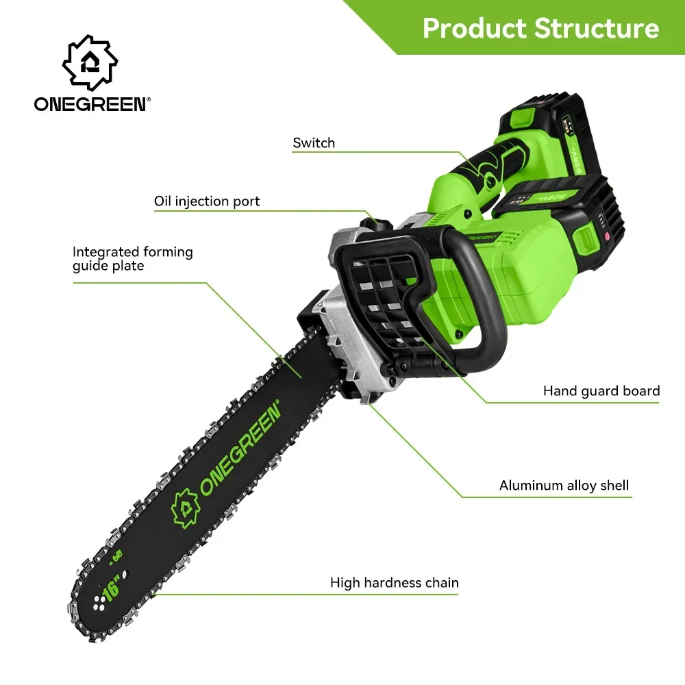 ONEGREEN 브러시리스 전기 전기톱, 무선 배터리 가지치기 톱, 마키타 18V 배터리용 목공 전동 공구, 16 인치, 8000W