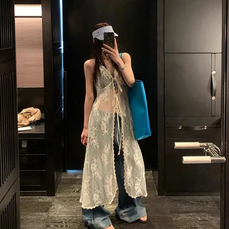 Abito con camicetta in pizzo albicocca Donna Estate Vacanza al mare Cardigan con lacci Moda coreana Harajuku Abiti senza maniche con scollo a V sexy