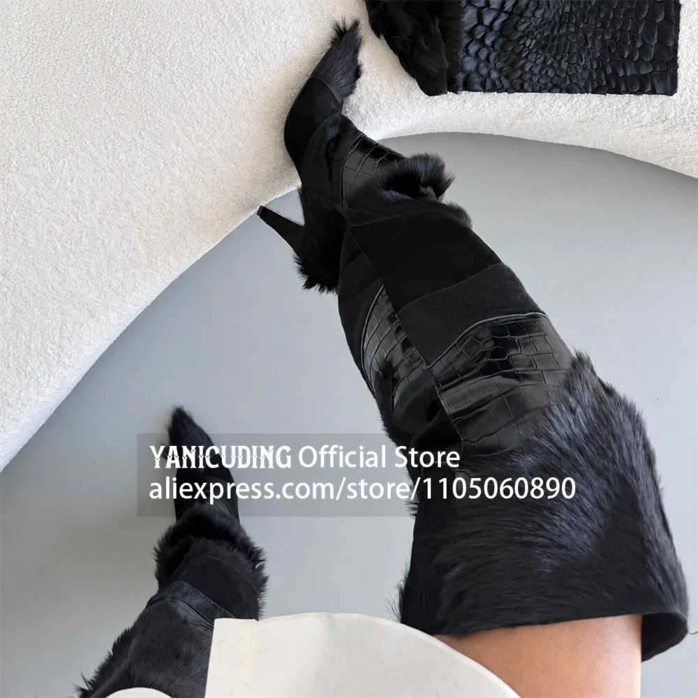 Black Mixed Material Over the Knee Boots Faux Fur Crocodile Embossed Suede Stiletto High Heel Warm Boots Furry Patchwork Boots