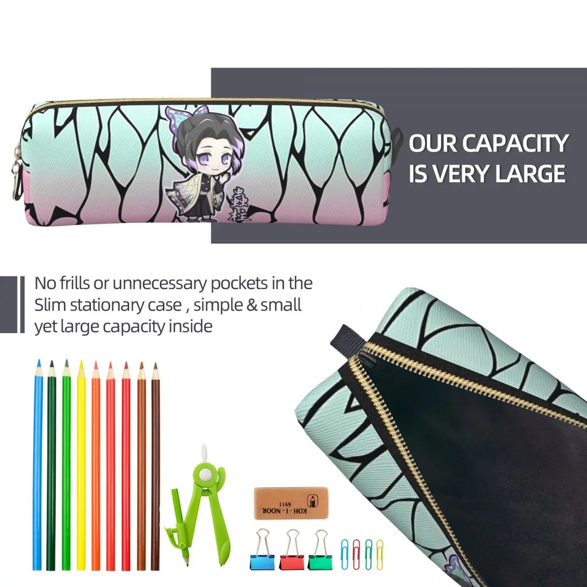 귀여운 Shinobu Kocho 연필 케이스 악마 슬레이어 연필 케이스 학생용 펜 박스 대용량 가방 학교 용품 선물 액세서리