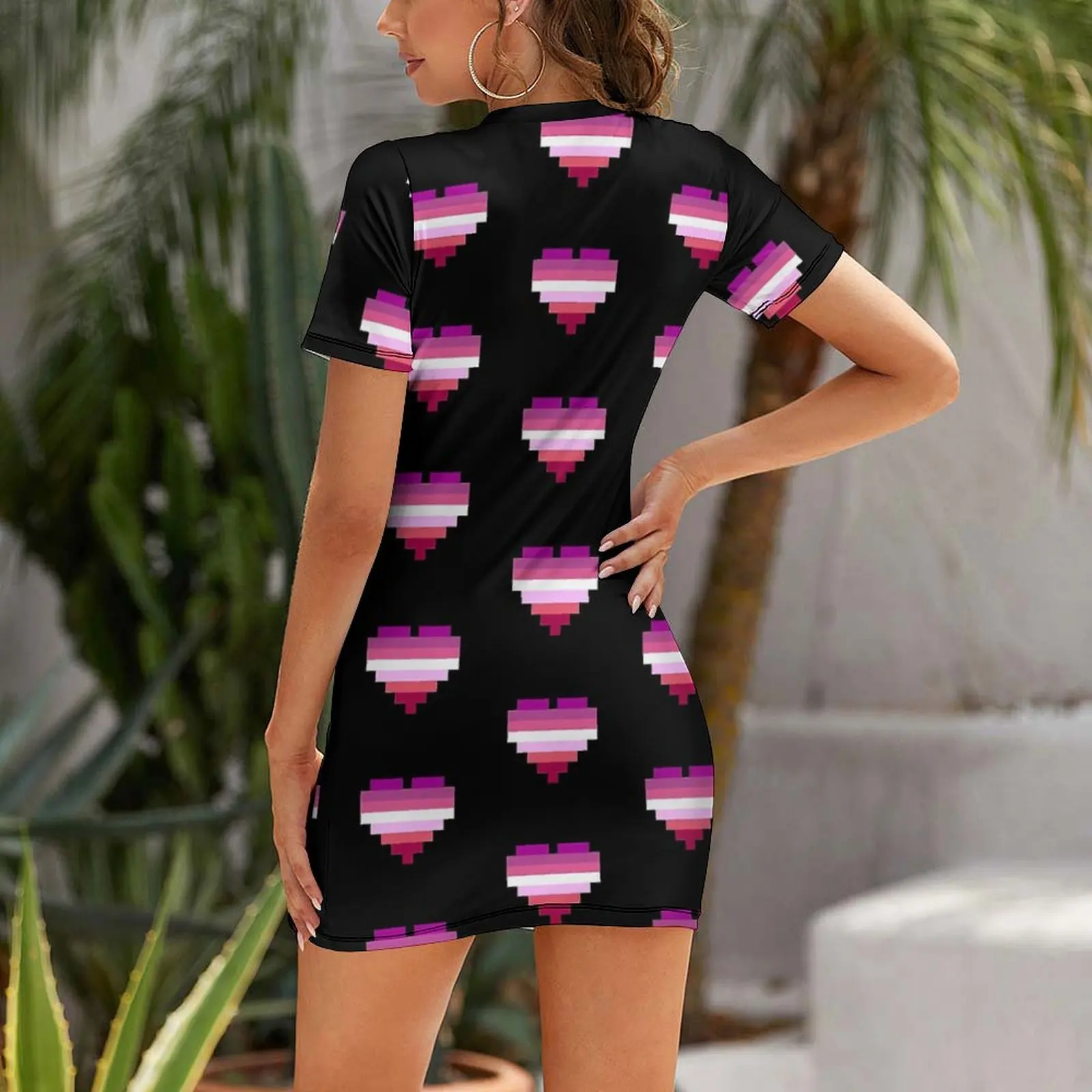 Lesbian Pride Flag Pixel Heart Gamer Birthday Gift Funny Exotic  Woman's Gown Short Sleeved Dress Nerd  Parties Strappy Dress