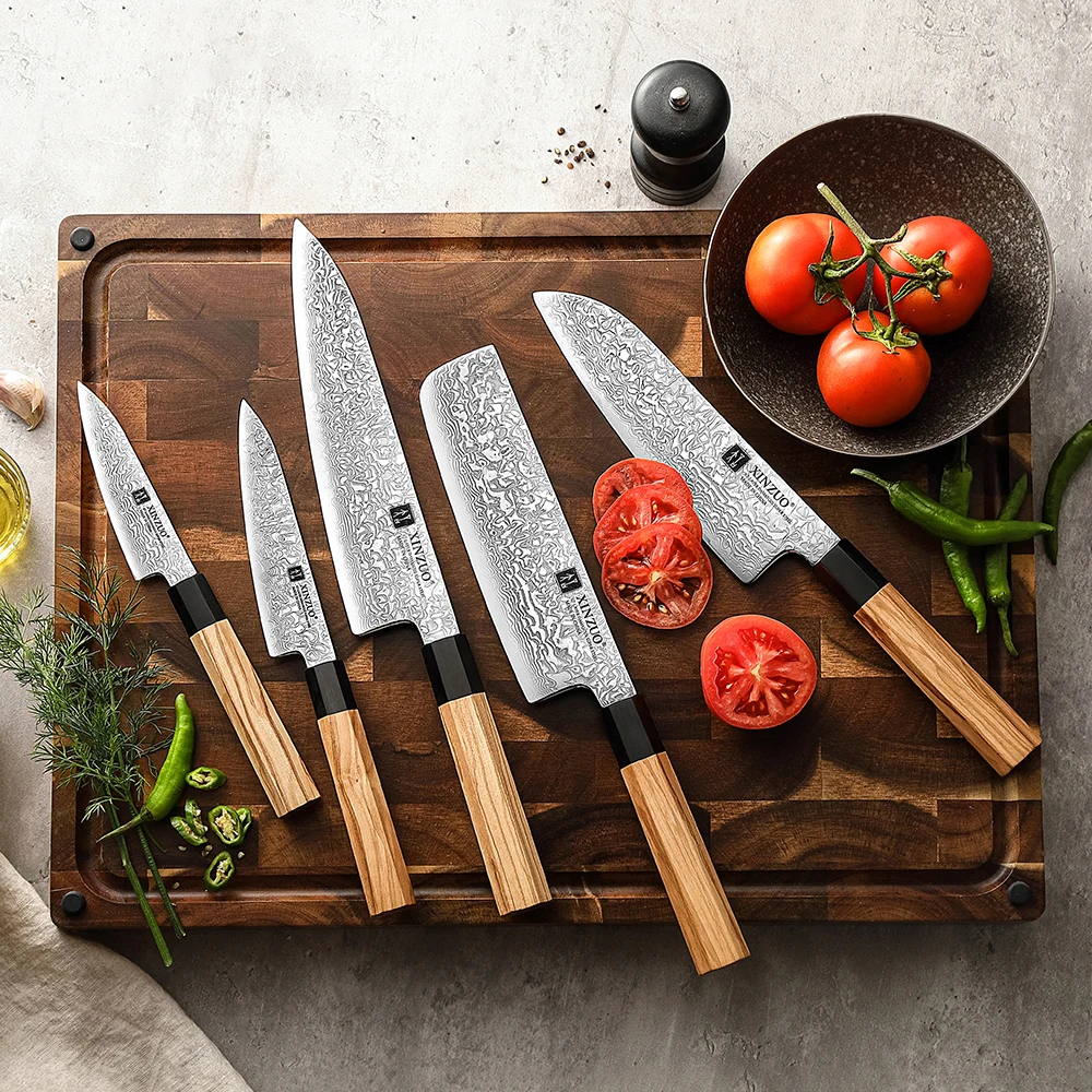 

XINZUO Original Design 5 Piece Set Kitchen Knife Olive Wood Handle Damascus Steel Nakiri Chef Santoku Utility Paring Knife