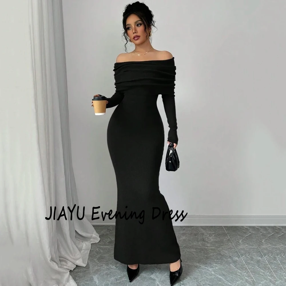 فستان سهرة رسمي من الجيرسيه برقبة قارب أسود مخصص مطوي وأكمام طويلة رداء حفلات بطول الكاحل حورية البحر فستان حفلة موسيقية للنساء