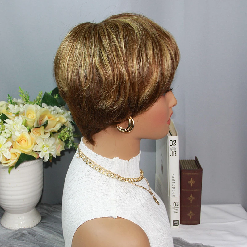 Highlight Pixie Cut Wig Human Hair Layered  Pixie Cut Wigs Brazilian Human Hair for Women P4/27 Pixie Wig Full Machine Made Wigs On Sale