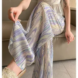 女性用ワイドレッグフロアパンツ,ハイウエスト,上質,伸縮性,幾何学模様,ストレート,染料,ルーズ,カジュアル,夏
