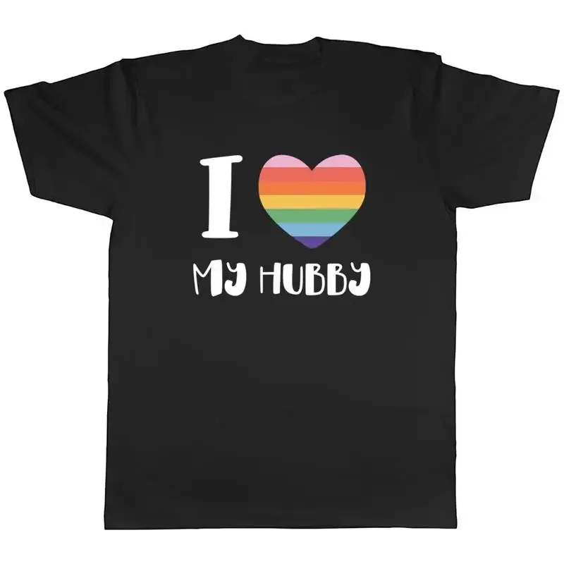 Pride Rainbow Heart Mens T-Shirt I Love my Hubby LGBTQ+ Tee Gift